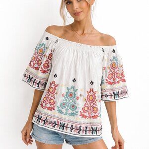 Feratelli Boho Peasant Blouse S White Embroidered 100% Cotton Festival Hippie